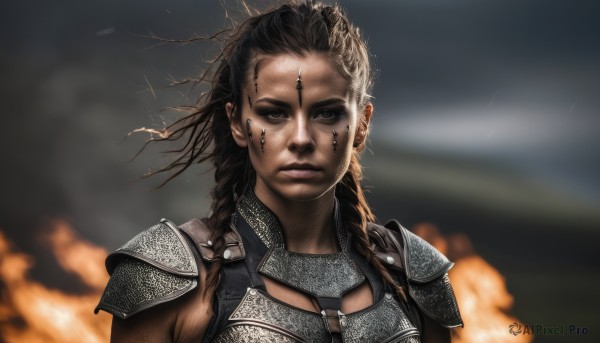 1girl,solo,long hair,looking at viewer,brown hair,black hair,brown eyes,closed mouth,upper body,braid,dark skin,armor,blurry,black eyes,lips,blurry background,facial mark,piercing,fire,shoulder armor,messy hair,portrait,pauldrons,breastplate,realistic,jewelry,dark-skinned female,forehead,nose,shoulder pads