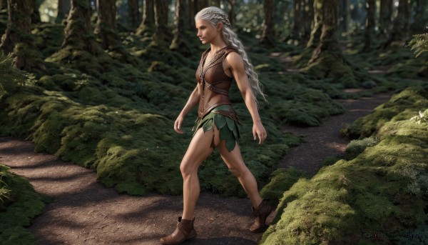 1girl,solo,long hair,breasts,smile,skirt,navel,jewelry,medium breasts,braid,white hair,grey hair,boots,outdoors,pointy ears,midriff,necklace,tree,single braid,muscular,brown footwear,abs,elf,nature,forest,walking,toned,realistic,muscular female,road,tribal,blue eyes,lips,scenery,fantasy