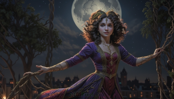 1girl,solo,long hair,breasts,looking at viewer,smile,blue eyes,brown hair,black hair,hair ornament,long sleeves,dress,holding,cleavage,jewelry,medium breasts,standing,outdoors,parted lips,sky,cloud,necklace,tree,lips,makeup,night,leaf,moon,tiara,plant,lipstick,staff,building,gem,star (sky),night sky,purple dress,full moon,starry sky,backlighting,curly hair,circlet,city,fantasy,branch,vines,moonlight,brown eyes,earrings,sparkle