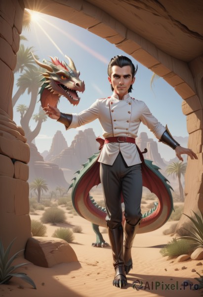 solo,looking at viewer,smile,shirt,black hair,1boy,standing,tail,full body,male focus,boots,outdoors,sky,teeth,day,belt,pants,armor,black eyes,tree,buttons,facial hair,black pants,sunlight,beard,walking,rock,sand,palm tree,dragon,sun,vambraces,hair slicked back,desert,short hair,open mouth,brown eyes,horns,artist name,cloud,blue sky,orange eyes,shadow,grass,sharp teeth,claws,dragon horns,dragon girl,dragon tail,bush,scales,dinosaur