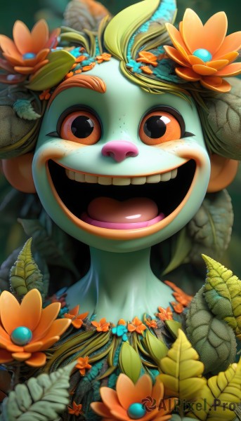 solo,looking at viewer,smile,open mouth,hair ornament,flower,:d,teeth,artist name,hair flower,blurry,black eyes,orange eyes,pokemon (creature),no humans,colored skin,leaf,happy,portrait,freckles,orange flower,buck teeth,1girl,brown eyes,watermark,plant,web address