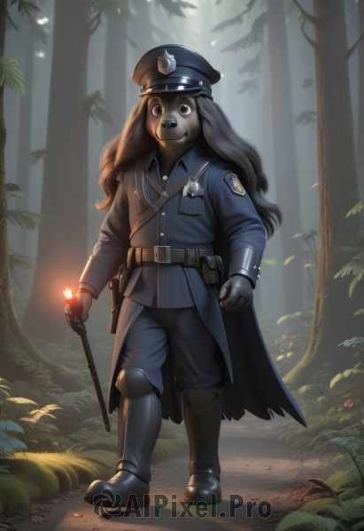 solo,long hair,looking at viewer,smile,shirt,black hair,gloves,long sleeves,1boy,hat,holding,closed mouth,standing,jacket,full body,weapon,male focus,boots,outdoors,collared shirt,belt,pants,artist name,signature,black footwear,uniform,black eyes,tree,coat,gun,military,black headwear,military uniform,facial hair,watermark,black pants,knee boots,grass,gauntlets,sheath,nature,furry,buckle,forest,walking,pouch,belt buckle,furry male,police,police uniform,cane,police hat,animal ears,black gloves,cape,armor,blue jacket,dog ears,peaked cap,blue headwear,blue pants,armored boots,belt pouch,dog boy