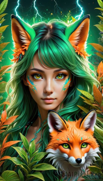 1girl,solo,long hair,looking at viewer,smile,bangs,hair ornament,animal ears,closed mouth,green eyes,yellow eyes,upper body,green hair,artist name,lips,animal ear fluff,fox ears,eyelashes,makeup,animal,leaf,watermark,facial mark,plant,slit pupils,portrait,green background,nose,electricity,whisker markings,facepaint,fox,lightning,holding,flower,hair flower,swept bangs,realistic,holding animal