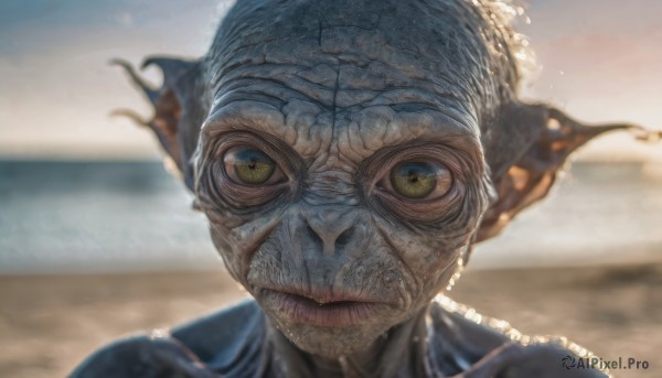 solo, looking at viewer, closed mouth, green eyes, outdoors, blurry, no humans, blurry background, portrait, realistic, sand