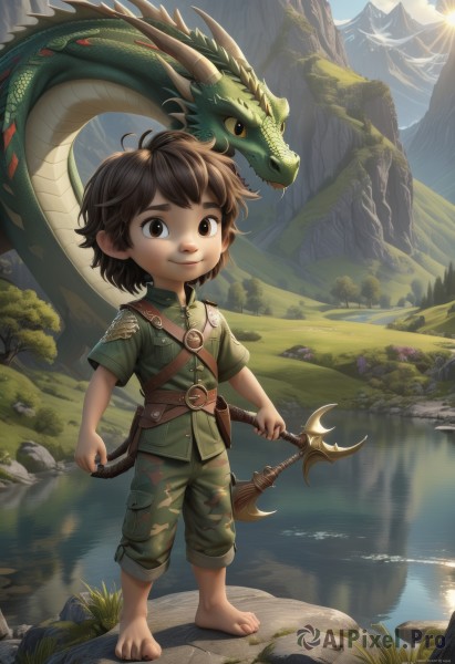 solo,looking at viewer,smile,short hair,brown hair,shirt,1boy,holding,brown eyes,closed mouth,standing,full body,weapon,short sleeves,male focus,outdoors,sky,barefoot,day,belt,pants,sword,water,holding weapon,tree,holding sword,thick eyebrows,grass,child,nature,forest,reflection,rock,mountain,fantasy,green shirt,dragon,sun,male child,river,green pants,lake,cliff,shorts,feet,toes,eastern dragon