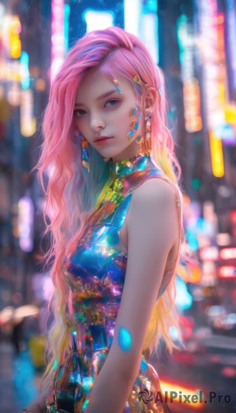 1girl,solo,long hair,breasts,looking at viewer,blue eyes,hair ornament,dress,bare shoulders,jewelry,closed mouth,upper body,pink hair,multicolored hair,earrings,small breasts,sleeveless,blurry,from side,lips,makeup,sleeveless dress,depth of field,blurry background,blue dress,wavy hair,gem,realistic,nose,red lips,bokeh,colorful,neon lights,bangs,medium breasts,outdoors,hairclip,artist name,eyelashes,night,watermark,facial mark,expressionless,chinese clothes,piercing,china dress,web address,science fiction,print dress,cyberpunk