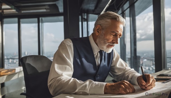 solo,short hair,shirt,long sleeves,1boy,holding,sitting,closed mouth,closed eyes,white shirt,upper body,white hair,grey hair,male focus,necktie,collared shirt,indoors,blurry,vest,window,facial hair,chair,table,beard,desk,black vest,paper,realistic,mustache,pen,blue vest,pencil,old,old man,holding pen,writing,office,sky,day,cloud,blue sky,book,dress shirt,depth of field,blurry background,holding pencil