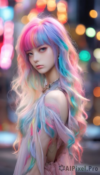 1girl,solo,long hair,looking at viewer,bangs,blue eyes,dress,bare shoulders,jewelry,closed mouth,blue hair,upper body,pink hair,multicolored hair,earrings,midriff,artist name,blunt bangs,necklace,blurry,from side,two-tone hair,lips,makeup,depth of field,blurry background,wavy hair,feathers,realistic,nose,bokeh,rainbow hair,sleeveless,tears,looking to the side,eyelashes,gradient hair,watermark,web address,lens flare,pink lips,mascara