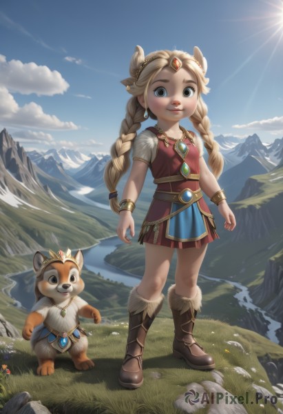 1girl,long hair,looking at viewer,smile,blue eyes,skirt,blonde hair,dress,twintails,jewelry,standing,full body,braid,short sleeves,earrings,boots,outdoors,sky,day,cloud,necklace,twin braids,bracelet,blue sky,lips,grey eyes,animal,brown footwear,knee boots,grass,crown,gem,child,rock,mountain,sun,female child,mountainous horizon,solo,breasts,hair ornament,flower,horns,belt,artist name,fur trim,sunlight,cloudy sky,tiara,light rays,fur-trimmed boots