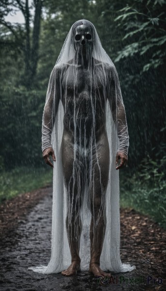 A alien amidst a vivid rainy outdoors