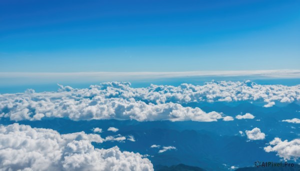 monochrome,outdoors,sky,day,cloud,water,blue sky,no humans,ocean,cloudy sky,scenery,blue theme,mountain,horizon,landscape,island,above clouds,nature