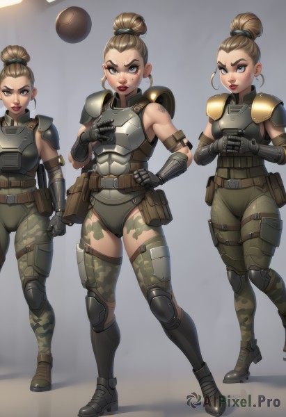 1girl,breasts,looking at viewer,short hair,blue eyes,brown hair,gloves,jewelry,standing,full body,thighs,earrings,boots,sleeveless,belt,pants,hair bun,armor,mole,leotard,lips,hand on hip,grey eyes,mole under eye,tattoo,makeup,multiple views,cameltoe,thick thighs,single hair bun,lipstick,shoulder armor,gauntlets,clenched hand,pauldrons,pouch,breastplate,muscular female,red lips,knee pads,greaves,camouflage,belt pouch,hair pulled back,elbow pads,updo,thigh pouch,camouflage pants,bangs,thighhighs,brown eyes,closed mouth,parted lips,teeth,black gloves,elbow gloves,grey background,freckles,nose,armored boots,facepaint