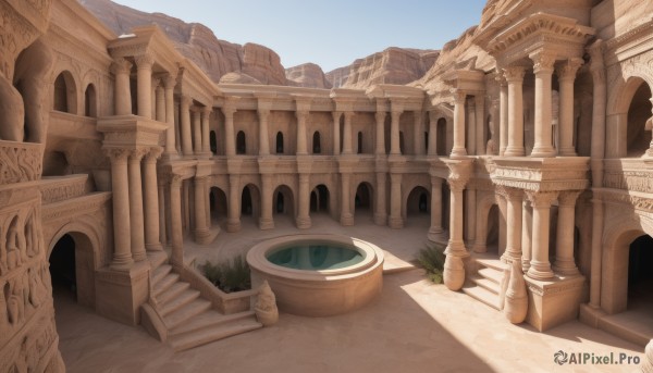 outdoors,sky,day,water,blue sky,no humans,shadow,grass,plant,building,scenery,stairs,road,architecture,bridge,pillar,arch,column,mountain,statue,landscape,desert