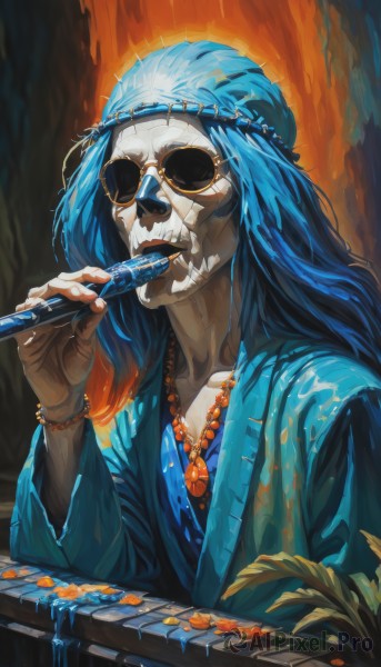 solo,long hair,open mouth,long sleeves,1boy,holding,jewelry,blue hair,collarbone,upper body,male focus,teeth,hand up,necklace,bracelet,mask,sunglasses,plant,instrument,beads,robe,blue skin,music,playing instrument,bead bracelet,bead necklace,facial hair,skull