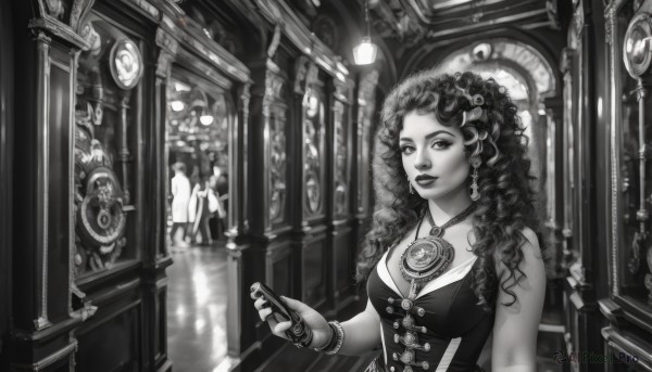 1girl,solo,long hair,breasts,looking at viewer,smile,hair ornament,holding,cleavage,jewelry,medium breasts,monochrome,upper body,flower,greyscale,earrings,sleeveless,solo focus,indoors,necklace,bracelet,lips,makeup,phone,ring,cellphone,lipstick,smartphone,holding phone,curly hair,clock,multiple girls,dress,2girls,bangle