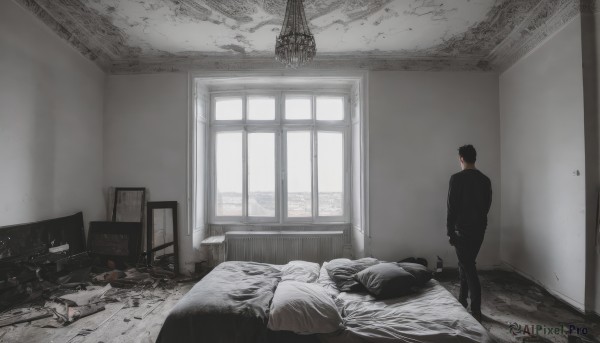 solo,short hair,black hair,long sleeves,1boy,standing,jacket,male focus,multiple boys,day,pants,indoors,from behind,black jacket,pillow,window,bed,on bed,chair,black pants,formal,table,suit,curtains,scenery,couch,desk,door,wall,bedroom,ruins,television,wide shot,death,corpse,rubble,cabinet,chandelier,trash bag,messy room,shirt,blanket,facing away,lamp,ceiling,carpet,ceiling light,grey theme