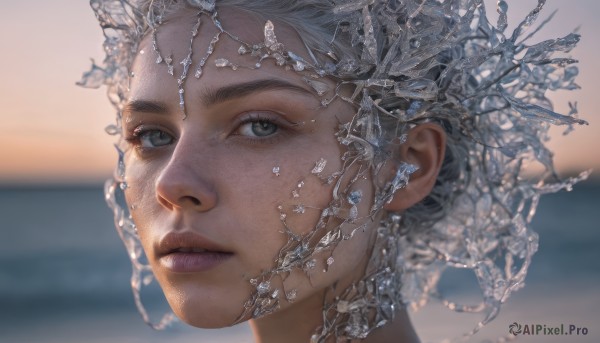 1girl,solo,looking at viewer,short hair,hair ornament,grey hair,outdoors,parted lips,water,blurry,lips,grey eyes,depth of field,blurry background,portrait,freckles,ice,crystal,realistic,nose,closed mouth,eyelashes,ocean,close-up