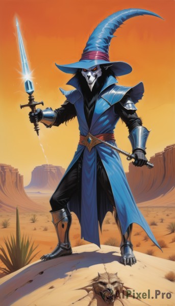 solo,black hair,red eyes,gloves,1boy,hat,holding,standing,full body,weapon,male focus,boots,outdoors,pointy ears,belt,sword,holding weapon,armor,coat,mask,witch hat,glowing,colored skin,holding sword,gauntlets,blue headwear,armored boots,greaves,wizard hat,energy sword,sky,glowing eyes,lion