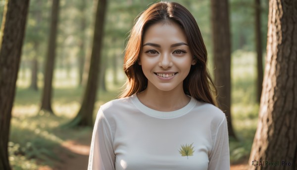 1girl,solo,long hair,breasts,looking at viewer,smile,open mouth,brown hair,shirt,brown eyes,medium breasts,white shirt,upper body,outdoors,teeth,day,blurry,tree,depth of field,blurry background,fangs,sharp teeth,nature,forehead,forest,realistic,grin,lips,leaf,sunlight,nose,dappled sunlight