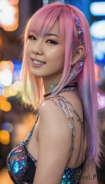 1girl,solo,long hair,breasts,looking at viewer,smile,bangs,bare shoulders,jewelry,medium breasts,upper body,pink hair,multicolored hair,hairband,earrings,parted lips,teeth,choker,grin,blurry,black eyes,from side,lips,gradient hair,makeup,depth of field,blurry background,piercing,ear piercing,realistic,nose,bokeh,underwear,necklace,bra,gem