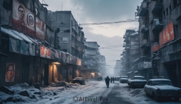 outdoors,sky,day,cloud,cloudy sky,ground vehicle,building,scenery,motor vehicle,snow,city,sign,car,road,ruins,multiple others,power lines,street,utility pole,air conditioner,truck,people,trash bag,no humans,snowing,silhouette,winter,lamppost