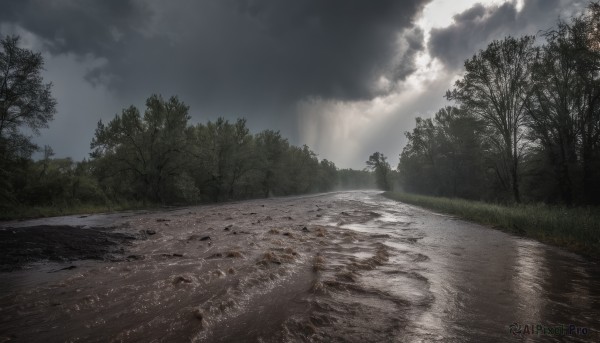 outdoors,sky,day,cloud,water,tree,no humans,sunlight,cloudy sky,grass,nature,scenery,forest,reflection,light rays,road,river,landscape,path,overcast