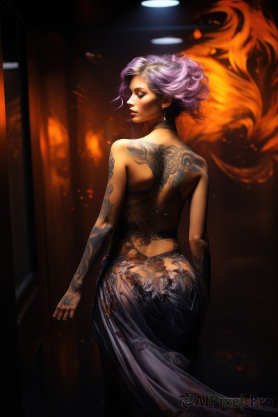 1girl,solo,looking at viewer,short hair,blue eyes,skirt,dress,bare shoulders,jewelry,standing,pink hair,purple hair,ass,earrings,choker,looking back,indoors,from behind,lips,tattoo,makeup,back,fire,lipstick,long skirt,backless outfit,bare back,back tattoo,full-body tattoo,nose