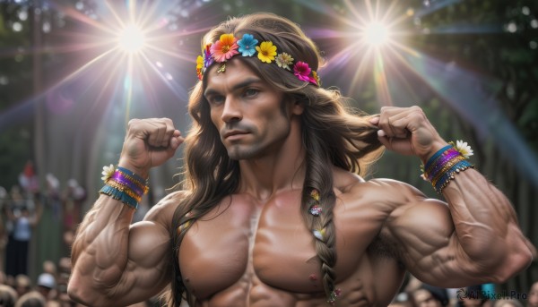 solo,long hair,looking at viewer,brown hair,black hair,hair ornament,1boy,brown eyes,jewelry,nipples,upper body,braid,flower,male focus,outdoors,solo focus,hair flower,armpits,blurry,black eyes,bracelet,muscular,blurry background,facial hair,abs,pectorals,muscular male,bara,beard,clenched hands,large pectorals,veins,topless male,mature male,realistic,head wreath,manly,chest hair,biceps,crowd,armpit hair,stage,stage lights,flexing,blue eyes,closed mouth,dark skin,mole,twin braids,hands up,tattoo,sunlight,lens flare,blue flower,bokeh,flower wreath