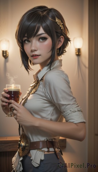 1girl,solo,breasts,looking at viewer,blush,short hair,bangs,brown hair,shirt,black hair,hair ornament,holding,brown eyes,jewelry,medium breasts,standing,white shirt,cowboy shot,earrings,parted lips,teeth,collared shirt,belt,pants,indoors,nail polish,blurry,from side,cup,lips,fingernails,looking to the side,eyelashes,blurry background,ring,denim,holding cup,alcohol,sleeves rolled up,drinking glass,freckles,jeans,realistic,nose,drink,glass,brown belt,short sleeves,necklace,black pants,pink nails,lamp