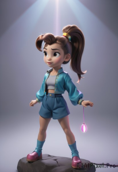 1girl,solo,long hair,smile,brown hair,hair ornament,brown eyes,jewelry,standing,jacket,full body,ponytail,shoes,shorts,socks,lips,crop top,glowing,high ponytail,blue jacket,child,blue shorts,female child,hair pulled back,breasts,blush,simple background,shirt,long sleeves,holding,closed mouth,open clothes,midriff,belt,artist name,grey background,necklace,bracelet,open jacket,rock,pink footwear,coin,spotlight