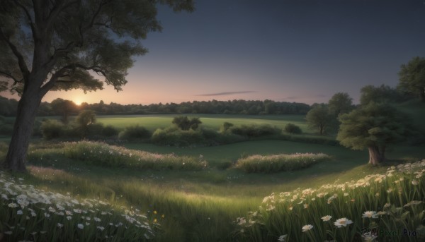 A peaceful image of a landscape in sunset outdoors