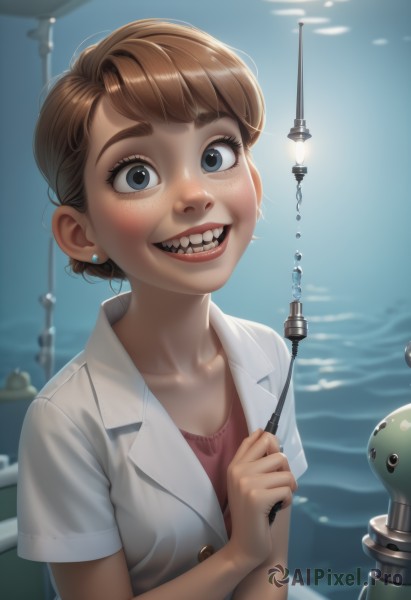 1girl,solo,looking at viewer,blush,smile,short hair,open mouth,bangs,blue eyes,brown hair,shirt,holding,jewelry,collarbone,upper body,short sleeves,earrings,teeth,water,blurry,lips,buttons,blurry background,thick eyebrows,freckles,pink shirt,realistic,labcoat,stud earrings,fishing rod,light bulb,artist name,grin,eyelashes,watermark,nose