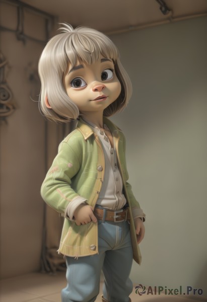 1girl,solo,looking at viewer,smile,short hair,shirt,long sleeves,1boy,brown eyes,standing,jacket,white shirt,white hair,grey hair,male focus,boots,parted lips,open clothes,collared shirt,belt,pants,indoors,blurry,lips,buttons,denim,child,jeans,unbuttoned,blue pants,female child,brown belt,male child,blonde hair