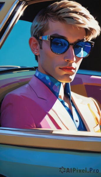 solo,looking at viewer,smile,short hair,blonde hair,brown hair,shirt,1boy,jewelry,closed mouth,jacket,upper body,male focus,earrings,necktie,glasses,collared shirt,lips,makeup,piercing,formal,sunglasses,suit,blue shirt,lipstick,ground vehicle,motor vehicle,nose,red lips,car,stud earrings,hair behind ear,car interior,1girl,blue eyes,thick eyebrows,reflection,very short hair,tinted eyewear,blue-framed eyewear,blue-tinted eyewear