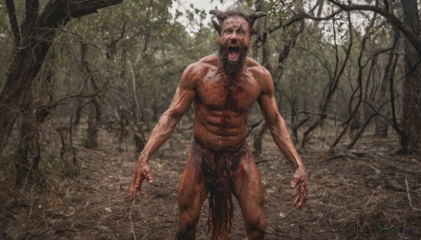 solo,open mouth,1boy,navel,standing,male focus,nude,outdoors,horns,teeth,tree,blood,muscular,feet out of frame,facial hair,abs,muscular male,nature,beard,forest,veins,realistic,loincloth,bare tree,death,horror (theme),leg hair,guro,arm hair,monster,demon