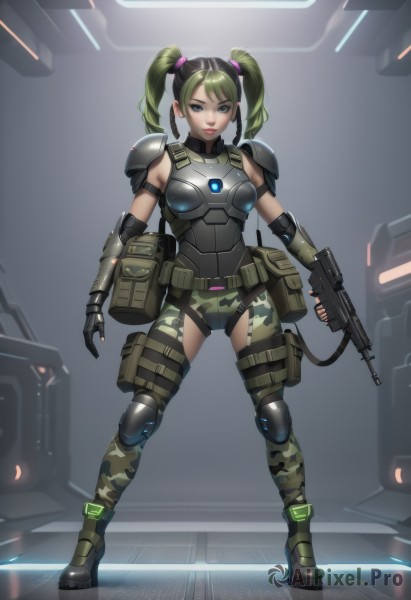 1girl,solo,breasts,looking at viewer,bangs,blue eyes,gloves,holding,twintails,medium breasts,closed mouth,standing,full body,weapon,boots,green hair,belt,pants,fingerless gloves,holding weapon,armor,leotard,lips,gun,military,bodysuit,thigh strap,short twintails,shoulder armor,holding gun,twin drills,rifle,science fiction,pouch,breastplate,assault rifle,holster,knee pads,shoulder pads,camouflage,belt pouch,elbow pads,bullpup,camouflage pants,body armor,indoors,military uniform,realistic,armored boots,submachine gun,power armor,power suit,thigh pouch