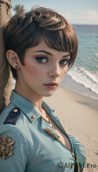 1girl,solo,breasts,looking at viewer,short hair,bangs,brown hair,shirt,cleavage,brown eyes,jewelry,medium breasts,closed mouth,upper body,earrings,outdoors,parted lips,day,collared shirt,water,necklace,bra,mole,blurry,uniform,black eyes,from side,tree,lips,eyelashes,mole under eye,makeup,depth of field,blurry background,ocean,beach,blue shirt,lipstick,eyeshadow,freckles,pocket,nose,sand,palm tree,red lips,stud earrings,eyeliner,breast pocket,badge,police,police uniform,policewoman,mascara,blush,sky,artist name,cloud,blue sky,buttons,swept bangs,facial mark,zipper,realistic,emblem,facepaint,shore