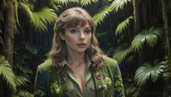 1girl,solo,long hair,looking at viewer,blue eyes,brown hair,shirt,hair ornament,collarbone,jacket,upper body,parted lips,open clothes,tree,lips,buttons,leaf,plant,nature,forest,realistic,nose,unbuttoned,breasts,bangs,cleavage,medium breasts,outdoors,teeth,day,collared shirt,open jacket,eyelashes,makeup,sunlight,thick eyebrows,light rays,green jacket,green shirt,partially unbuttoned,badge,button badge