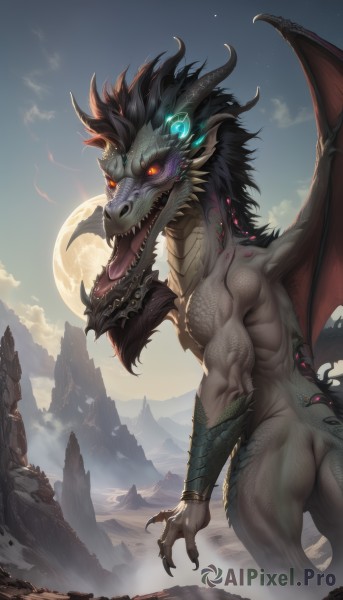 solo,open mouth,red eyes,standing,tail,ass,outdoors,wings,horns,sky,teeth,tongue,cloud,orange eyes,no humans,night,glowing,fangs,moon,sharp teeth,glowing eyes,claws,full moon,dragon horns,monster,mountain,fantasy,dragon,dragon tail,scales,dragon wings,yellow eyes