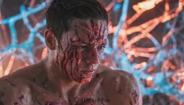 solo,short hair,black hair,1boy,closed mouth,collarbone,upper body,male focus,blurry,black eyes,blood,blurry background,portrait,veins,injury,blood on face,realistic,looking at viewer,sweat,extra eyes