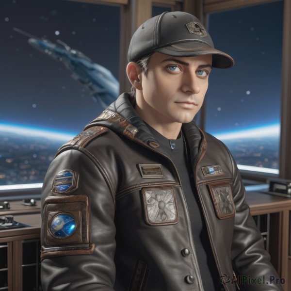 solo,looking at viewer,short hair,blue eyes,shirt,black hair,1boy,hat,jewelry,closed mouth,jacket,upper body,male focus,open clothes,necklace,blurry,uniform,open jacket,military,black shirt,military uniform,baseball cap,science fiction,realistic,aircraft,grey jacket,emblem,airplane,space,grey headwear,spacecraft,jet,fighter jet,long sleeves,black jacket,night,blurry background,facial hair,brown jacket,sideburns,leather,planet,leather jacket,earth (planet)