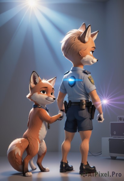 smile,blonde hair,shirt,gloves,1boy,animal ears,closed mouth,standing,tail,full body,short sleeves,male focus,multiple boys,shoes,shorts,belt,looking back,artist name,indoors,white gloves,2boys,from behind,black footwear,uniform,collar,fox ears,profile,fox tail,holding hands,aged down,blue shirt,child,furry,dual persona,furry male,male child,television,police,police uniform,fox,fox boy,orange fur,brown eyes,weapon,ass,gun,handgun,light rays,light,holster,speaker,radio,flashlight