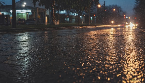 outdoors,sky,blurry,tree,no humans,night,ground vehicle,building,night sky,scenery,motor vehicle,reflection,city,sign,car,light,road,lamppost,street,city lights,lights,water,depth of field,rain,water drop,dark,power lines,bokeh,utility pole,road sign,puddle,traffic light,pavement