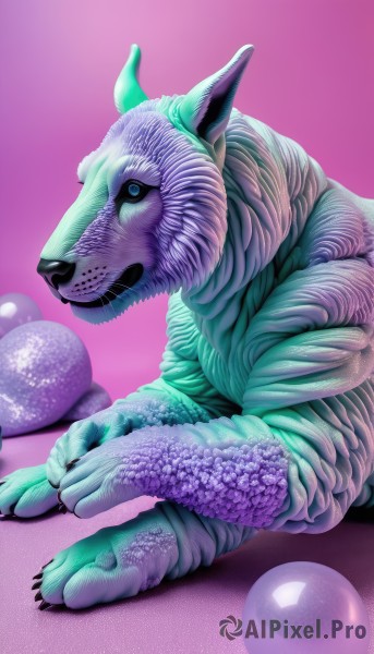 solo,looking at viewer,blue eyes,simple background,sitting,closed mouth,full body,horns,from side,no humans,pink background,claws,ball,purple background,monster,realistic,creature,animal focus,lying,signature,gradient,gradient background,pokemon (creature),purple theme,orb