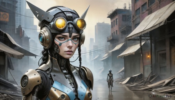 HQ,1girl,solo,long hair,breasts,looking at viewer,black hair,brown eyes,standing,upper body,weapon,braid,outdoors,parted lips,day,armor,lips,bodysuit,headgear,facial mark,helmet,robot,goggles,building,reflection,walking,science fiction,city,realistic,road,cable,cyborg,power lines,street,cyberpunk,blue eyes,1boy,green eyes,scenery,goggles on head,facepaint,steampunk