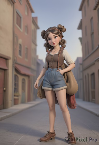 1girl,solo,breasts,looking at viewer,smile,brown hair,shirt,brown eyes,jewelry,standing,collarbone,full body,white shirt,braid,hairband,small breasts,outdoors,sky,shoes,shorts,day,bag,hair bun,blurry,vest,bracelet,lips,hand on hip,fur trim,short shorts,bare legs,double bun,makeup,depth of field,blurry background,shadow,brown footwear,suspenders,denim,lipstick,building,blue shorts,denim shorts,curly hair,handbag,red lips,road,overalls,fringe trim,street,brown vest,town,bangs,earrings,parted lips,artist name,necklace,scarf,black eyes,high heels,buttons,backpack,freckles,hand in pocket,city,brown shirt,high-waist shorts