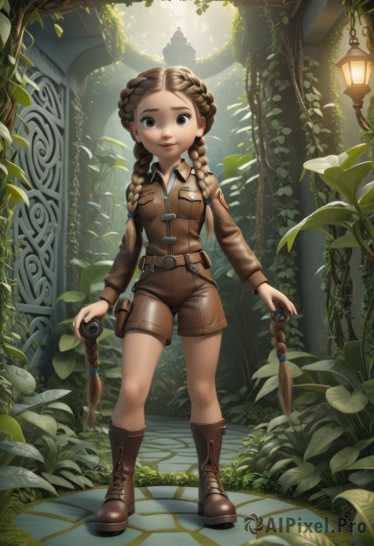 1girl,solo,long hair,breasts,looking at viewer,smile,brown hair,shirt,long sleeves,holding,twintails,brown eyes,very long hair,closed mouth,standing,jacket,full body,braid,boots,outdoors,shorts,collared shirt,belt,twin braids,tree,lips,short shorts,leaf,brown footwear,plant,nature,hair over shoulder,cross-laced footwear,pocket,pouch,brown jacket,lantern,camera,lace-up boots,vines,brown shorts,arch,pavement,open mouth,parted lips,artist name,sunlight,child,holster,leather