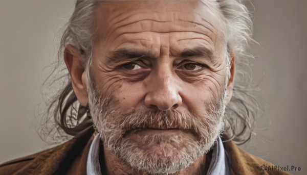 solo,looking at viewer,simple background,1boy,brown eyes,closed mouth,white hair,grey hair,male focus,grey background,facial hair,portrait,beard,brown jacket,realistic,mustache,manly,old,old man,wrinkled skin,scar,messy hair,close-up,brown background,stubble