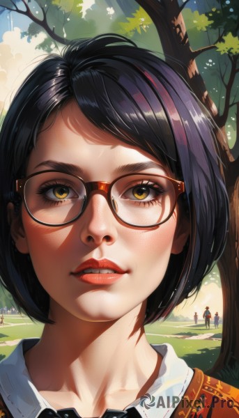 1girl,solo,looking at viewer,short hair,bangs,multiple girls,shirt,black hair,bow,brown eyes,yellow eyes,white shirt,outdoors,parted lips,multiple boys,glasses,teeth,solo focus,day,collared shirt,artist name,bowtie,tree,lips,eyelashes,black bow,makeup,swept bangs,grass,lipstick,portrait,freckles,red-framed eyewear,black-framed eyewear,black bowtie,realistic,nose,round eyewear,red lips,mascara,parted bangs,sunlight,bob cut,close-up,dappled sunlight