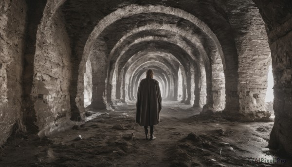 solo,1boy,standing,monochrome,greyscale,male focus,boots,signature,from behind,cape,bird,scenery,cloak,1other,walking,arms at sides,facing away,ruins,wide shot,pillar,ambiguous gender,arch,1girl,hood,robe,black cloak,black robe